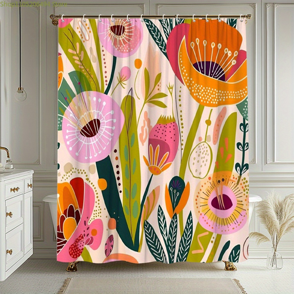 Home Bathroom Design Ideas - Canlı Çiçek Desenli Duş Perdesi, Soyut