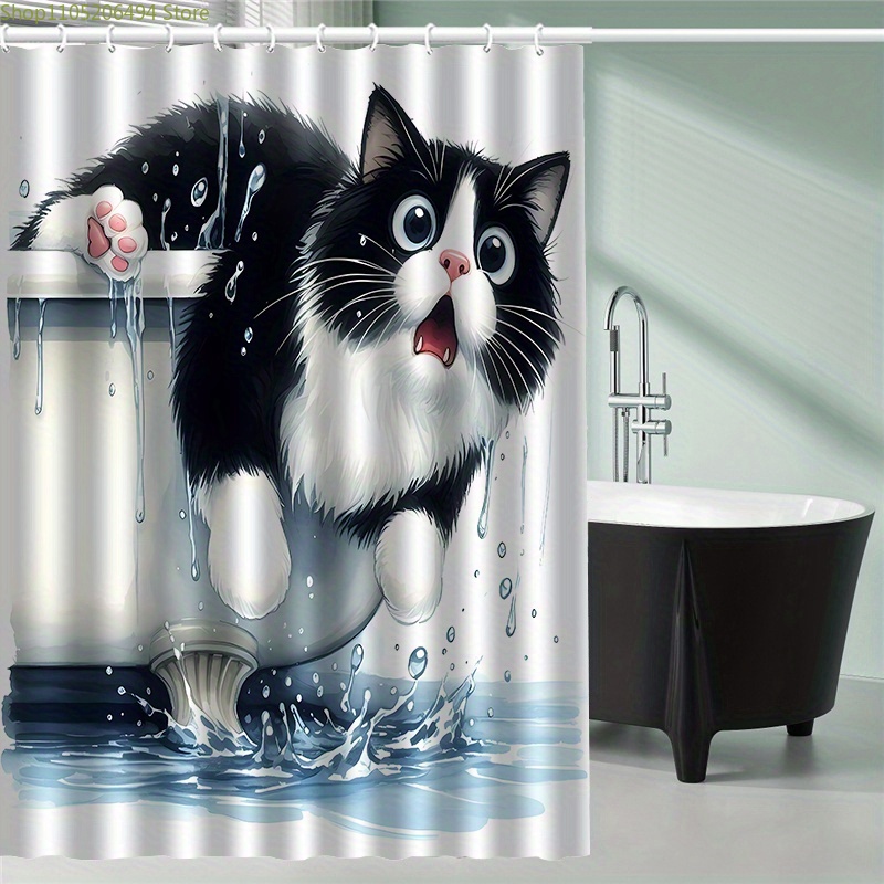 Home Bathroom Design Ideas - Komik Kedi Küvetten Duş Perdesinden Zıplayıyor,