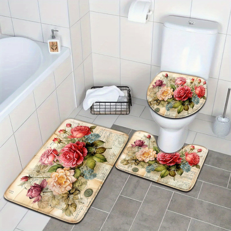 Zara Home Bathroom Rug - VIKAMA Vintage Çiçekli Banyo Paspası Yağlıboya