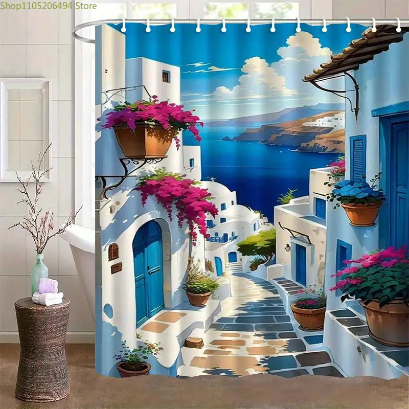 Home Bathroom Design Ideas - Santorini Yunan Adası Duş Perdesi Mavi